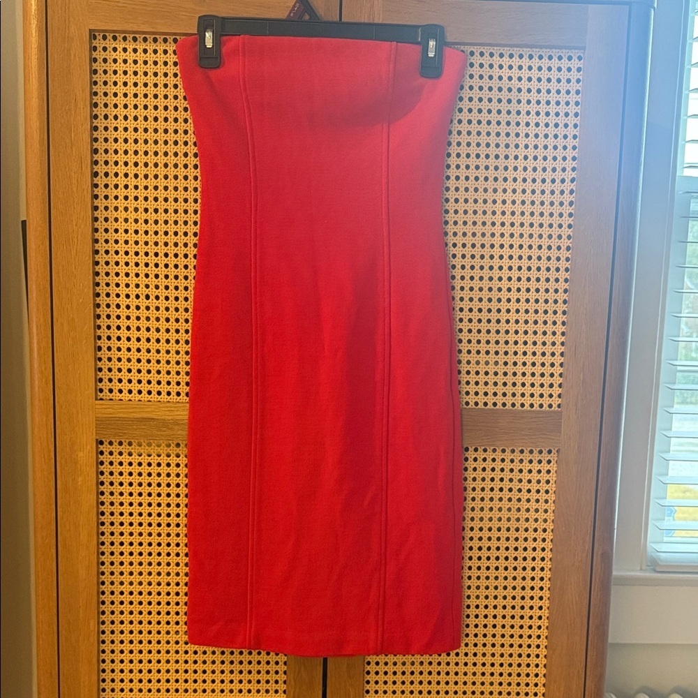 Chris Benz 100% wool Strapless Midi Dress in Bright Red